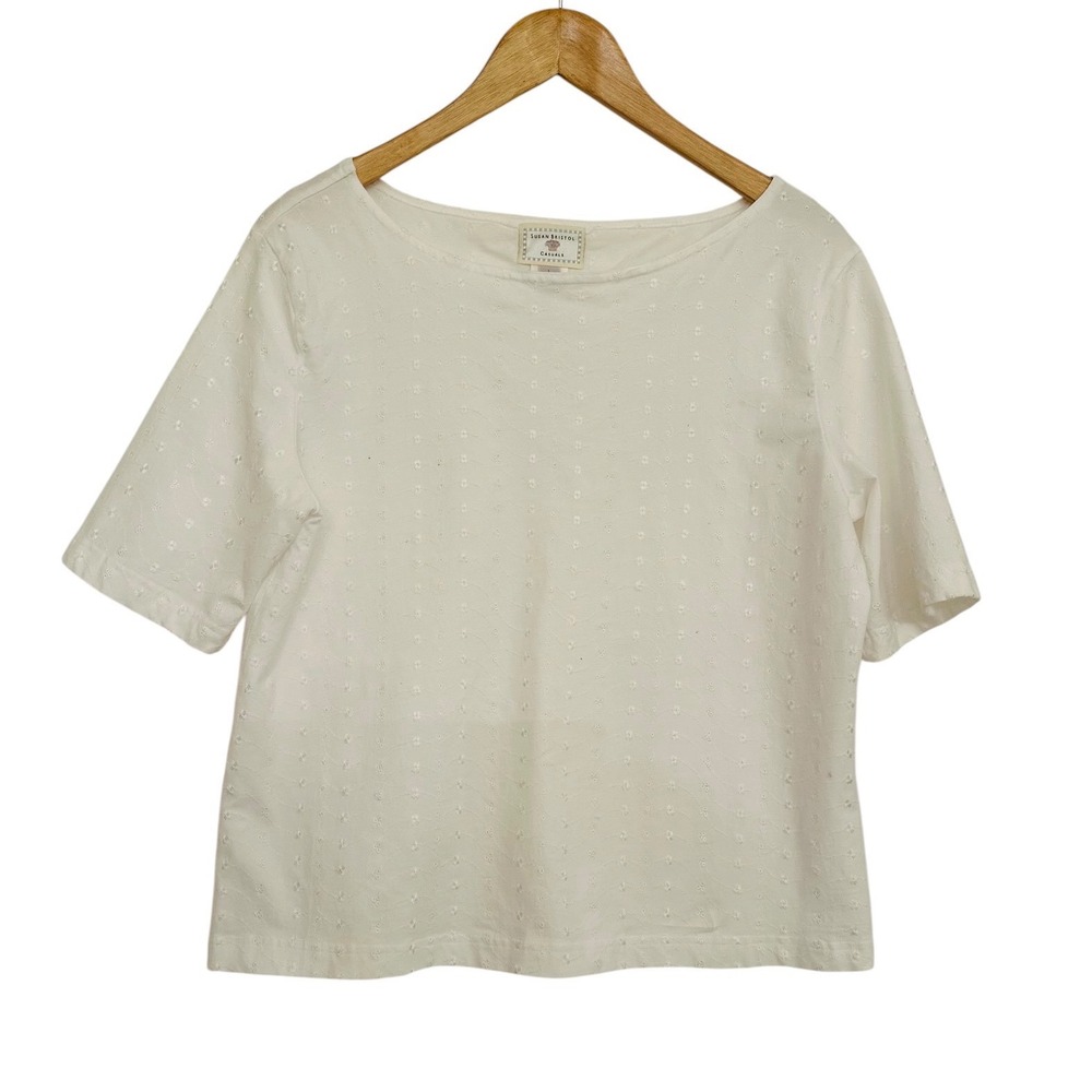 Susan Bristol Casuals White Eyelet Embroidered‎ Boat Neck Top Short Sleeve L